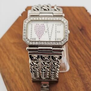Y2K Guess Rhinestone Love Bling Watch Silver Tone Chain Link Wide Bracelet Band